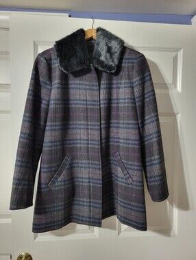 Johnston & Murphy Gray Plaid Pea Coat with Gray Faux Fur Collar